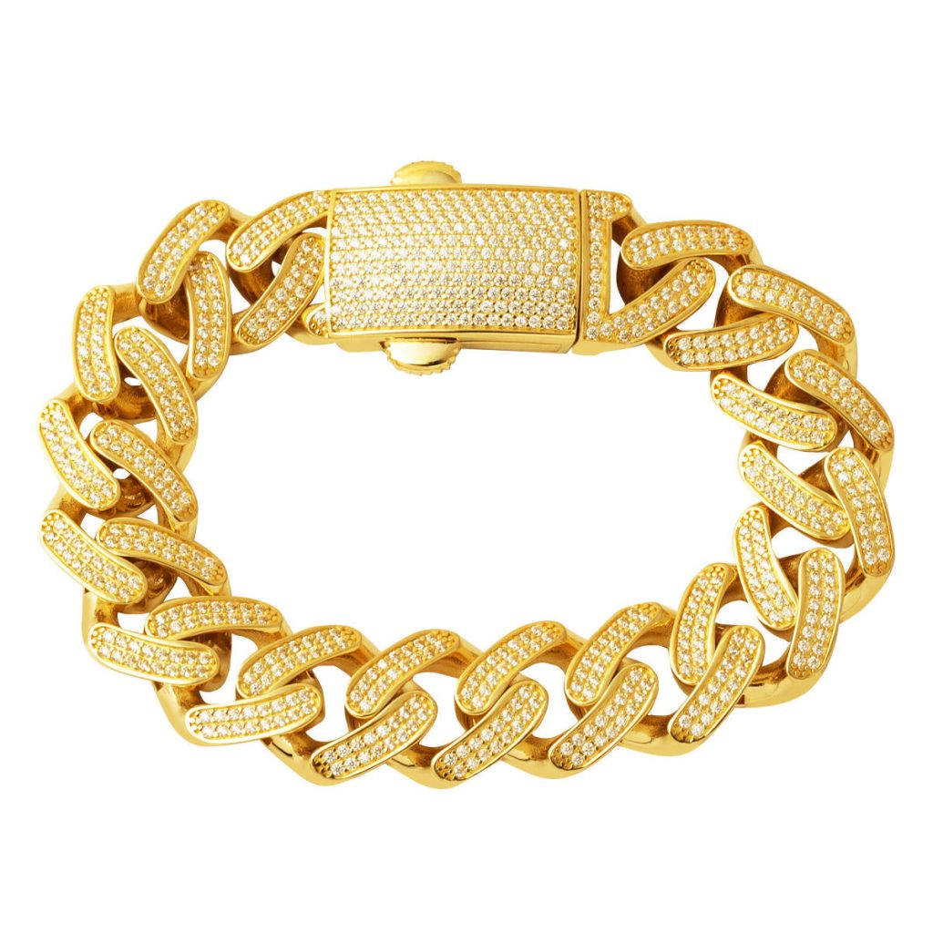with Stones Thick Curb Gold Bracelet 14 Karat