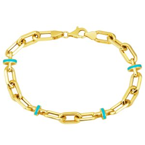 Turkuaz Enamel Paperclip Chain 14 Karat Gold Bracelet