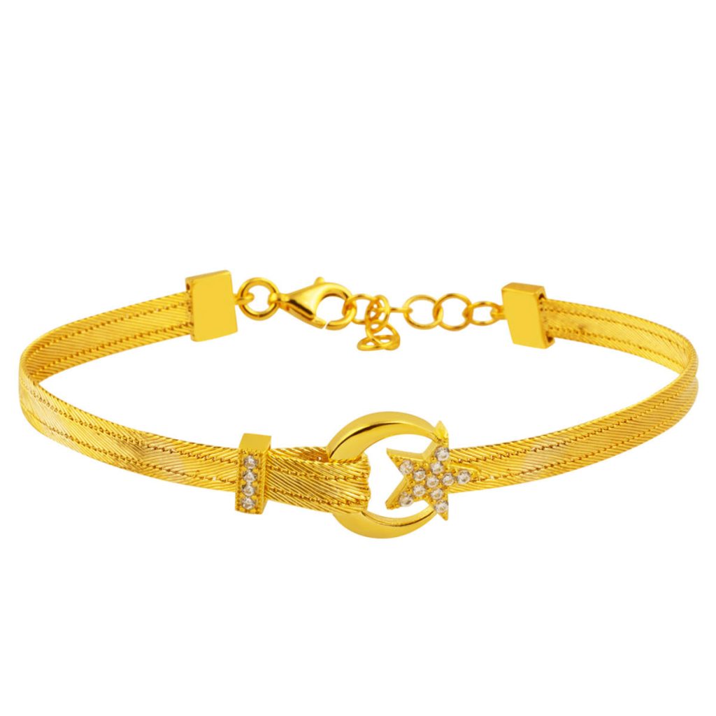 14 Carats Lune-Étoile Trabzon Tresse Or Bracelet 3 Rangs
