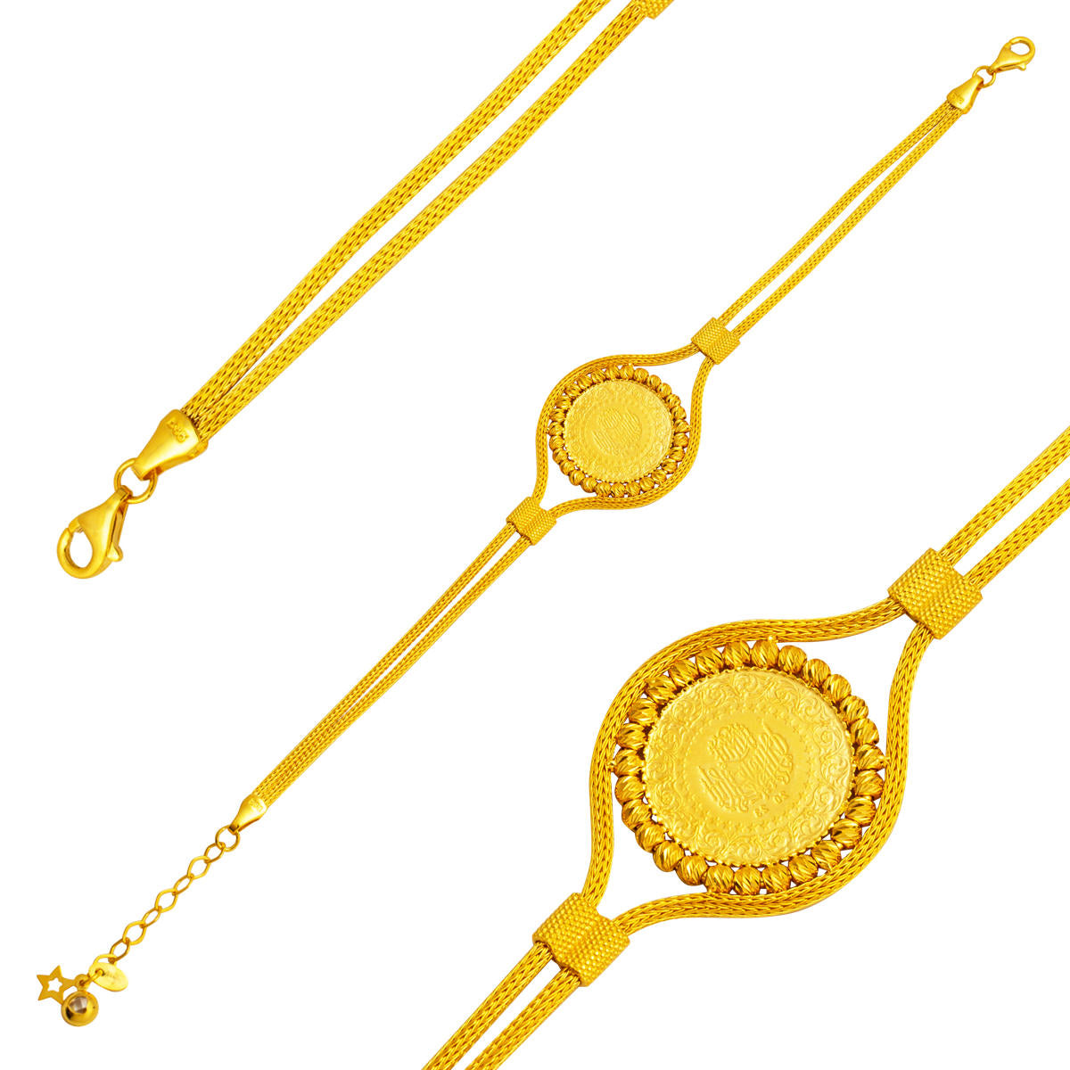 İkili Braided Chain Quarter Gold Bracelet