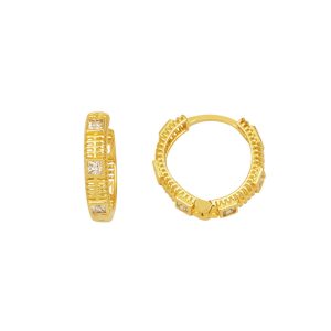 Square with Stones Hoop Gold Earring 14 Karat