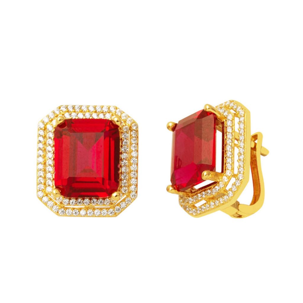 Red with Stones Large Baguette Gold Earring 14 Karat
