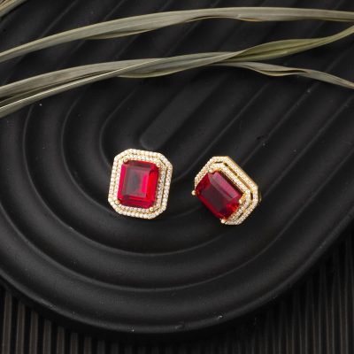 Red with Stones Büyük Baguette Gold Earring 14K - 14K - 8.03g - EZ Gold