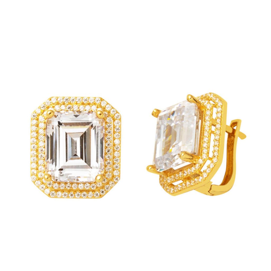 Large Baguette with Stones 14 Karat Gold Earring