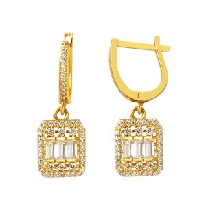 Baguette avec Pierres 14 Carats Jaune Or Boucle d&rsquo;Oreille