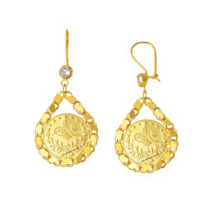 Halep Pullu Resat Gold Baskılı Drop Earring 14 Karat
