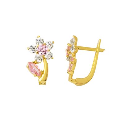 Pink with Stones Papatya Gold Çocuk Earringsi