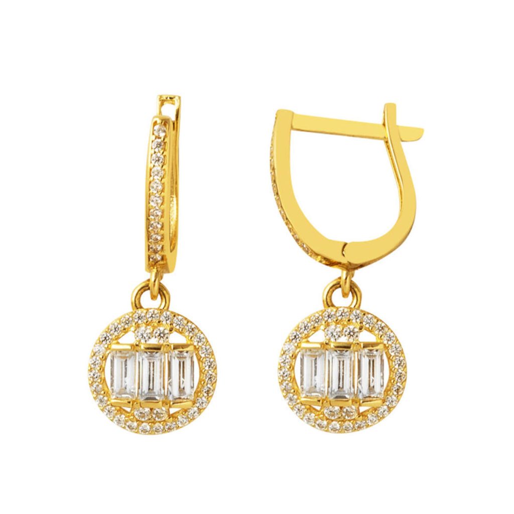 Round Drop 14 Karat Baguette Gold Earring