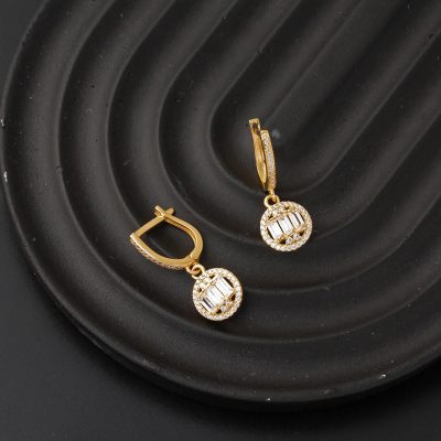 Yuvarlak Sallantılı 14K Baguette Gold Earring - 14K - 3.49g - EZ Gold