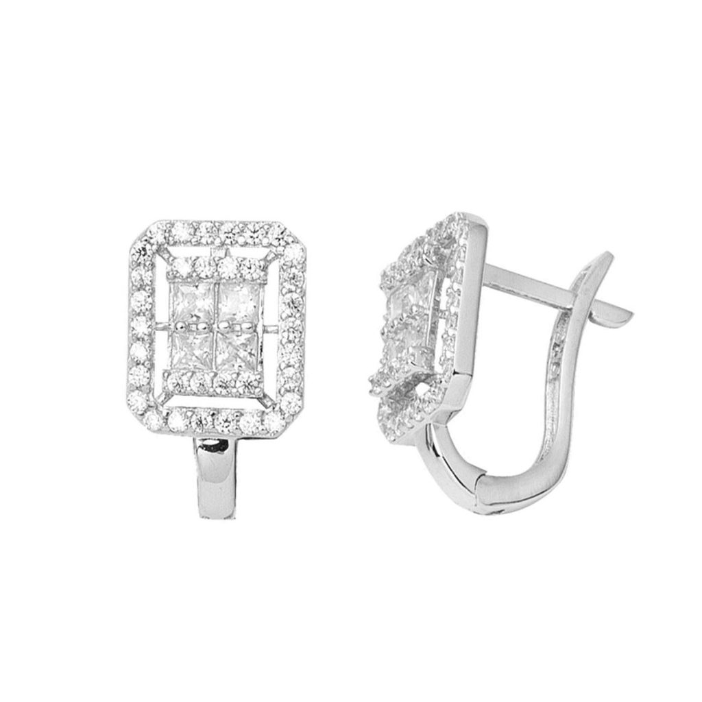 Square with Stones White Gold Baguette Earring