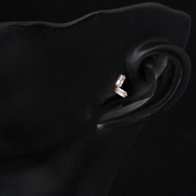 14K Gold Baguette with Stones Tragus Earring - 14K - 0.54g - EZ Gold