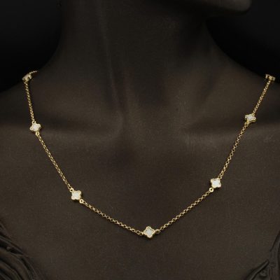 Beyaz avec Trèfle 14 Carats Or Zincirli Collier - 14K - 4.67g - EZ Gold