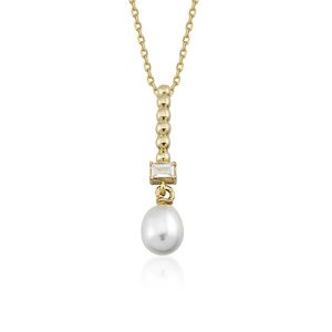Tropez Baguette with Stones Pearl Gold Necklace