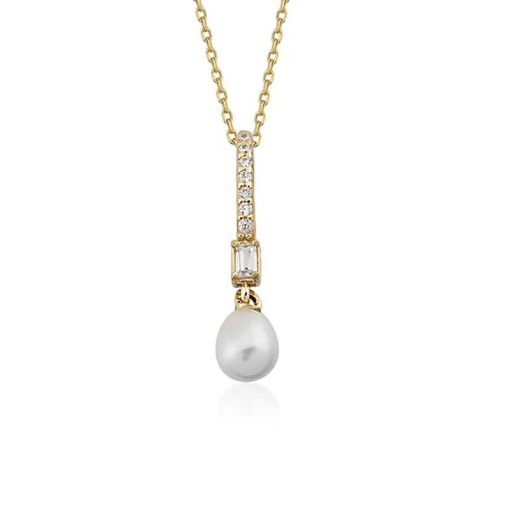 Annecy Pearl Baguette with Stones Gold Necklace