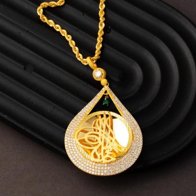 14K Green with Stones Drop Tuğra Gold Necklace - 14K - 15.06g - EZ Gold