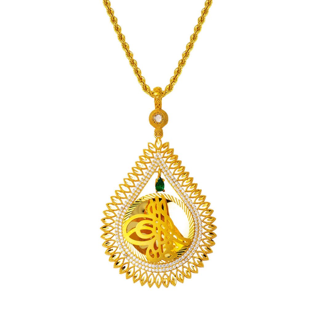 Leaflı Drop Tughra Gold Necklace