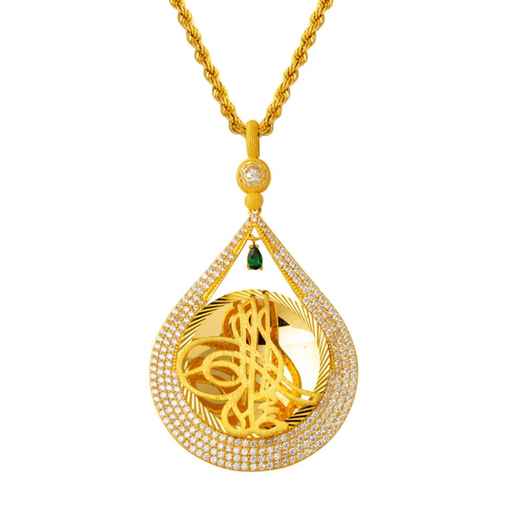 Goutte Monogramme Ottoman Vert avec Pierres Or Collier