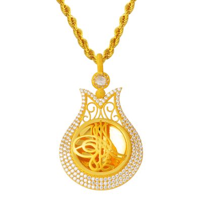 Laleli Tuğra Quarter Çerçeveli Zincirli Gold Necklace
