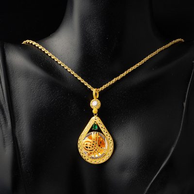 Vert avec Pierres Goutte Monogramme Ottoman Or Collier - 14K - 8.42g - EZ Gold