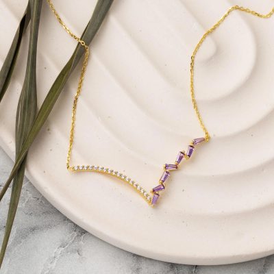 14 Ayar Mor Taşlı V Tarzı Altın Kolye - 14K - 1.85g - EZ Gold