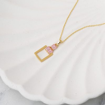 14 Ayar Pembe Taşlı Köşeli Altın Kolye - 14K - 1.78g - EZ Gold