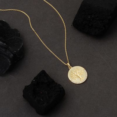 Yaşam Ağacı İşlemeli Plaka Altın Kolye - 14K - 2.19g - EZ Gold