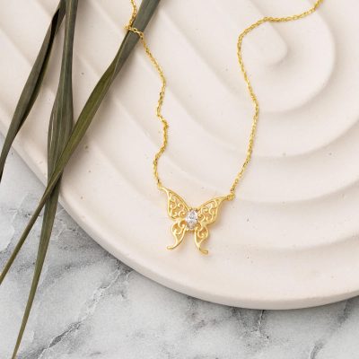 Damla Taşlı 14 Ayar Kelebek Altın Kolye - 14K - 1.78g - EZ Gold