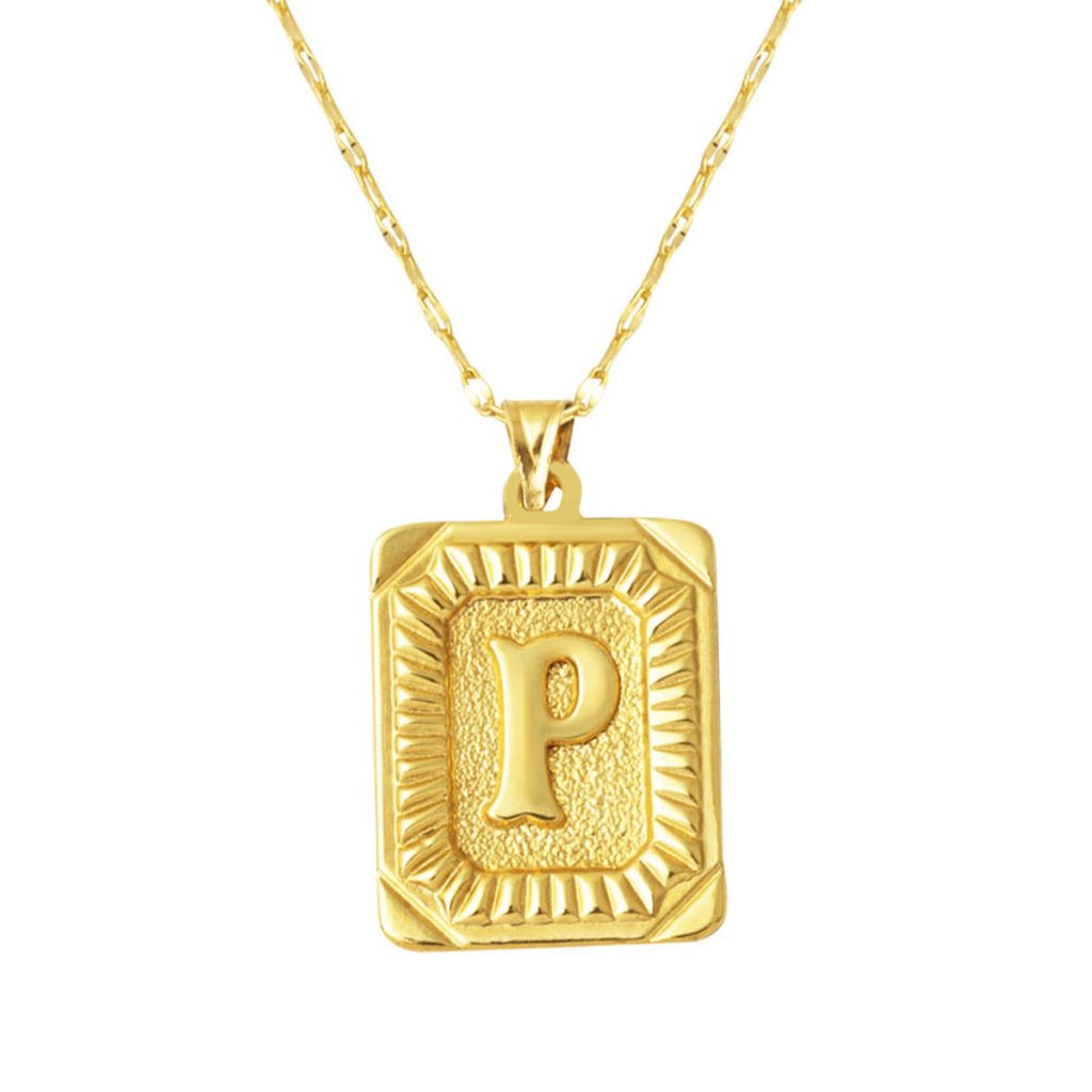 14 Karat Gold P Letter Necklace Square with Plate