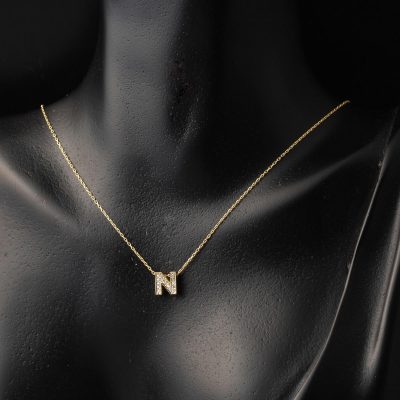 Taşlı N Harfli Minimal Harf Altın Kolye - 14K - 1.6g - EZ Gold