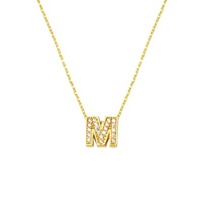 Taşlı M Harfli Minimal Altın Harf Kolye