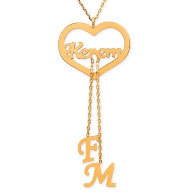 avec Cœur İsimli Lettreli 14 Carats Or Aile Colliersi - 14K - 3.2g - EZ Gold