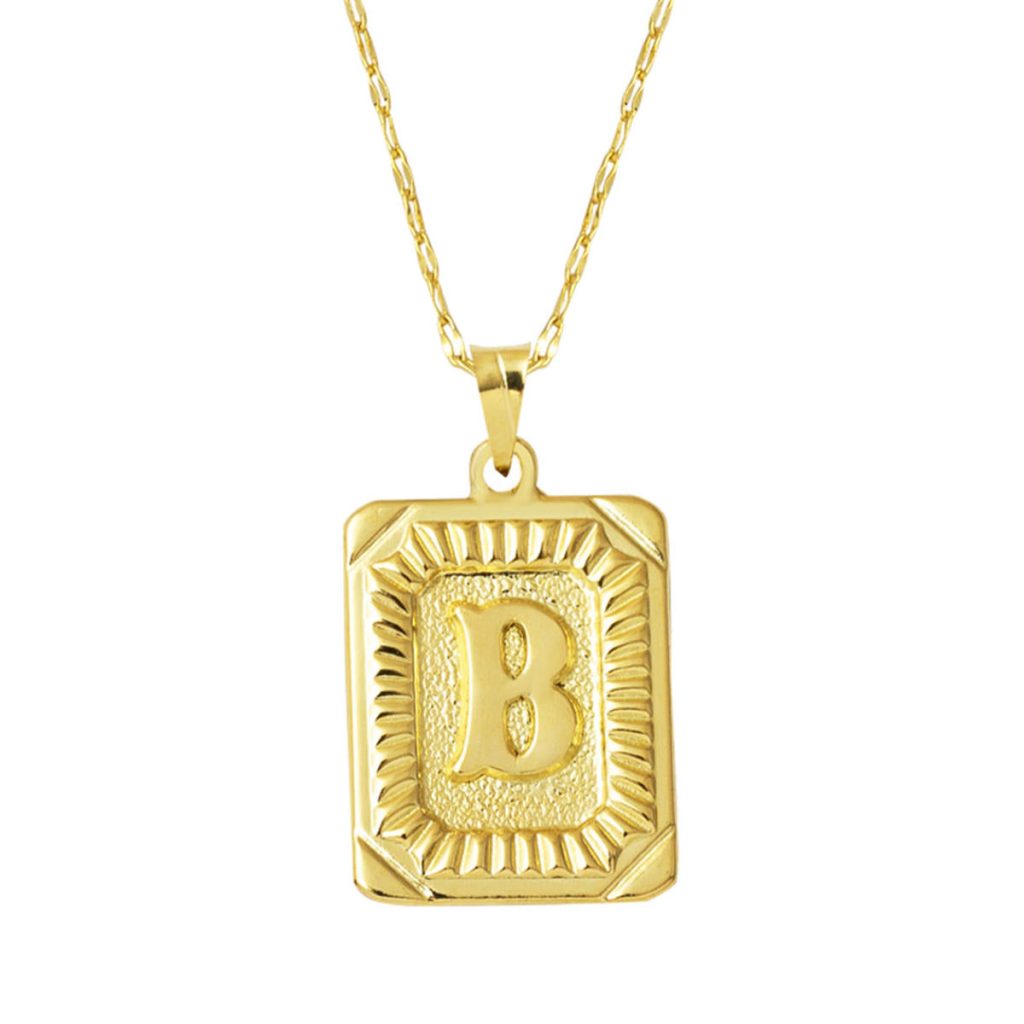 14 Carats Or B Lettre Collier Carré à Plaque