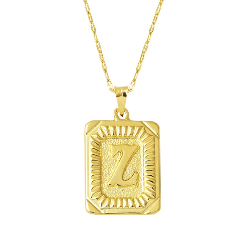Gold Square with Plate Z Letter Necklace 14 Karat