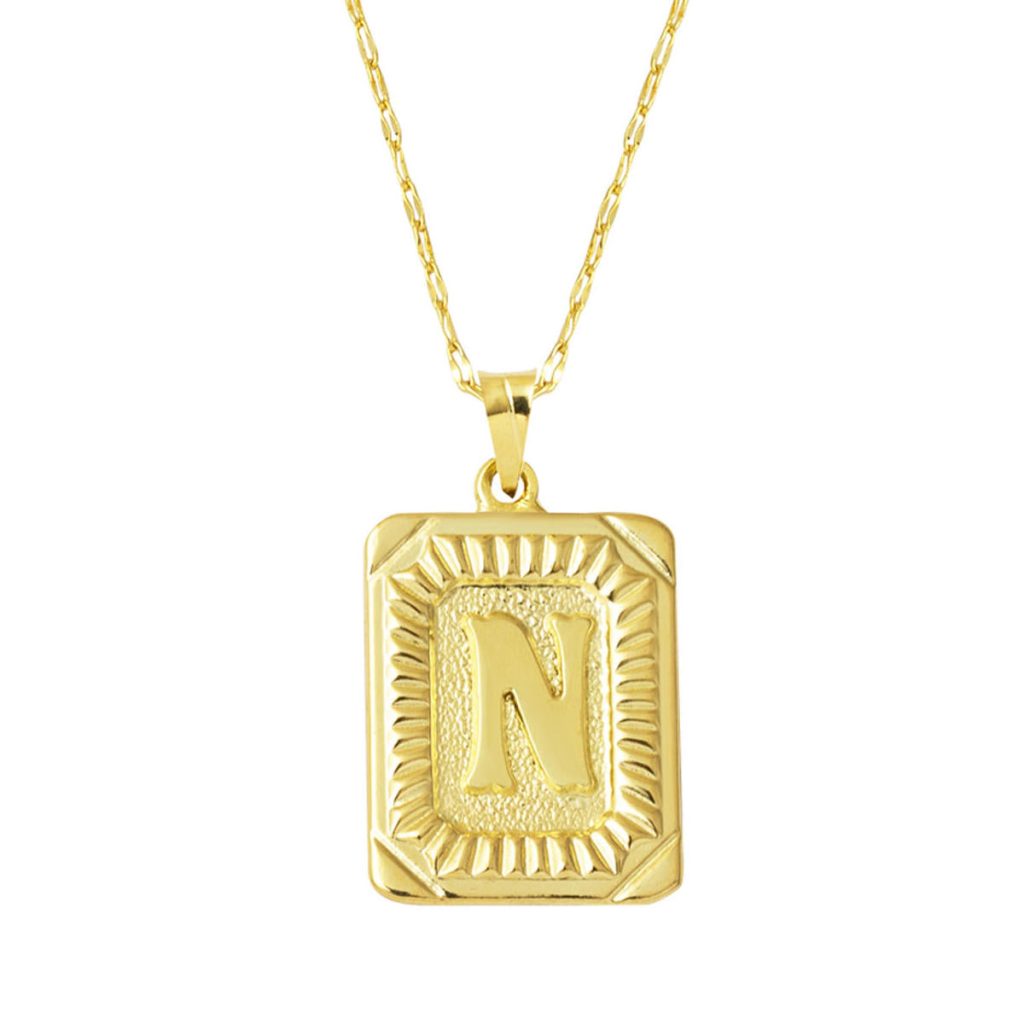 Or Carré à Plaque N Lettre Collier 14 Carats