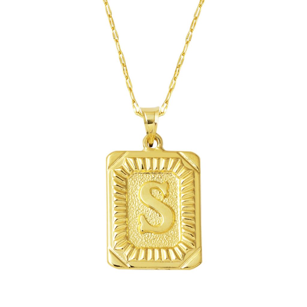S Letter Necklace Square with Plate 14 Karat Gold