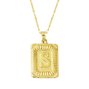 S Letter Necklace Square with Plate 14 Karat Gold