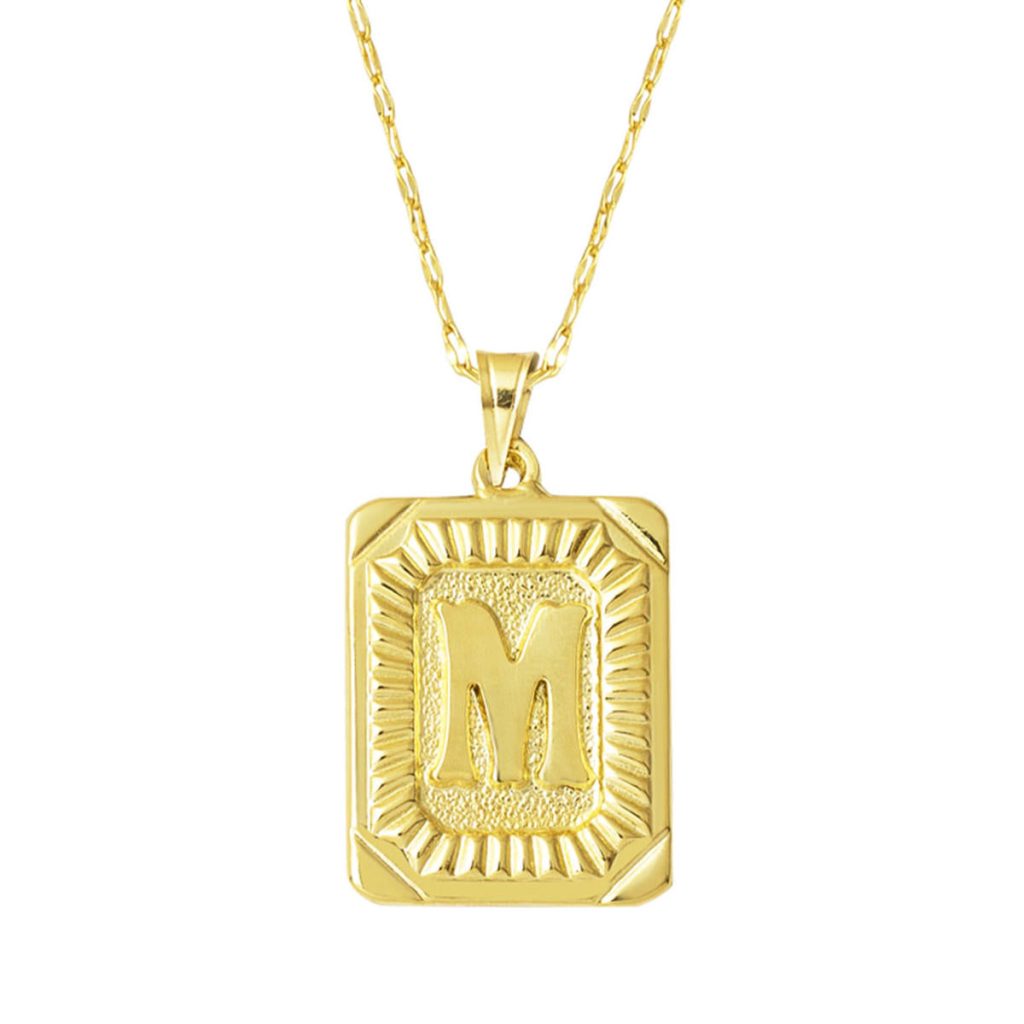 M Letter Necklace Square with Plate 14 Karat Gold