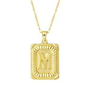 M Letter Necklace Square with Plate 14 Karat Gold