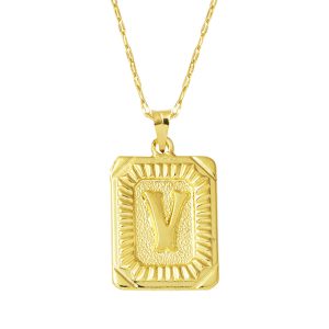 V Letter Necklace Square with Plate 14 Karat Gold