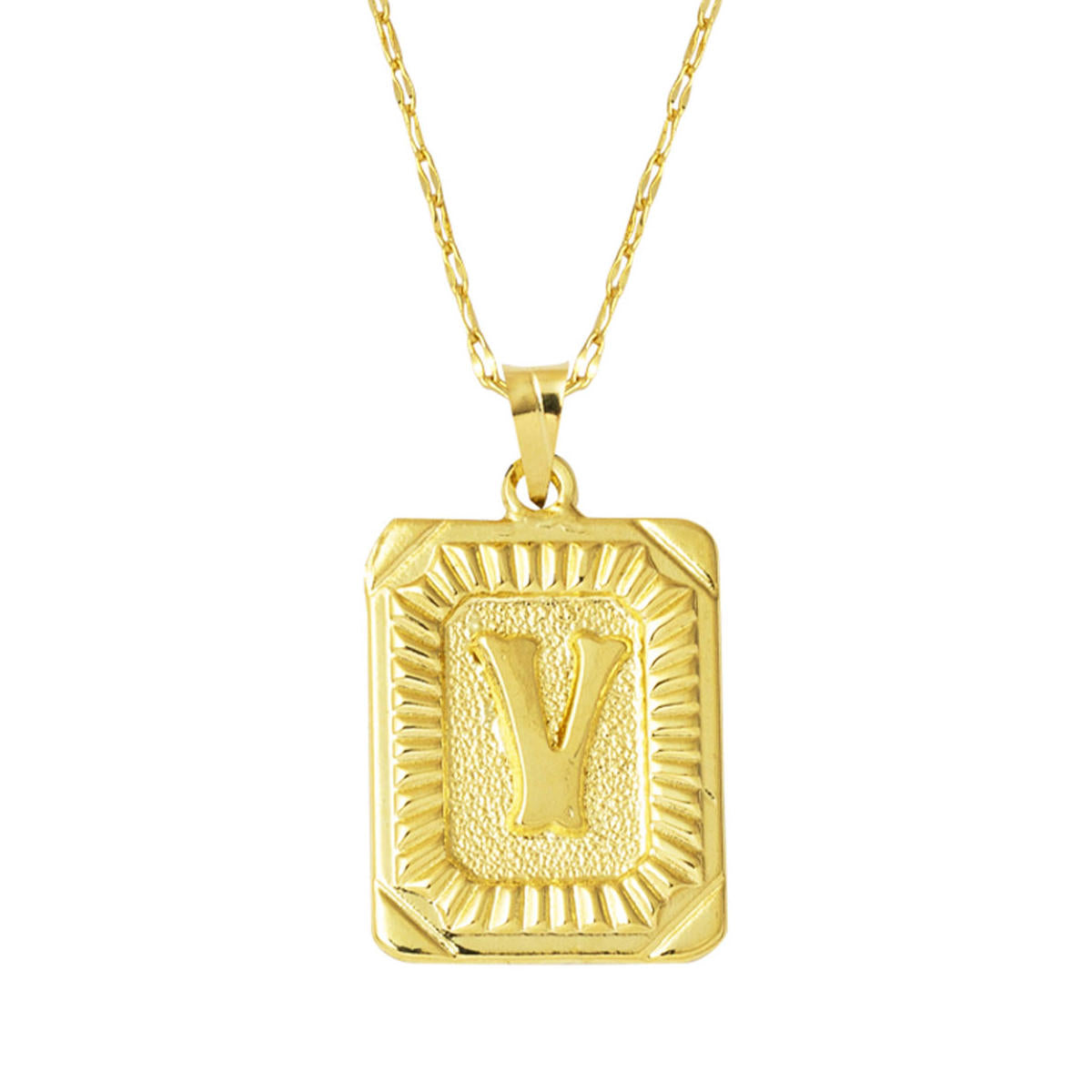 V Lettre Collier Carré à Plaque 14 Carats Or
