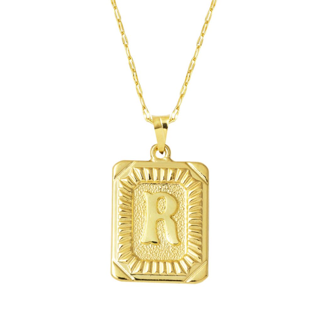 R Lettre Collier 14 Carats Carré Or à Plaque