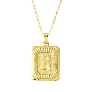 R Letter Necklace 14 Karat Square Gold with Plate
