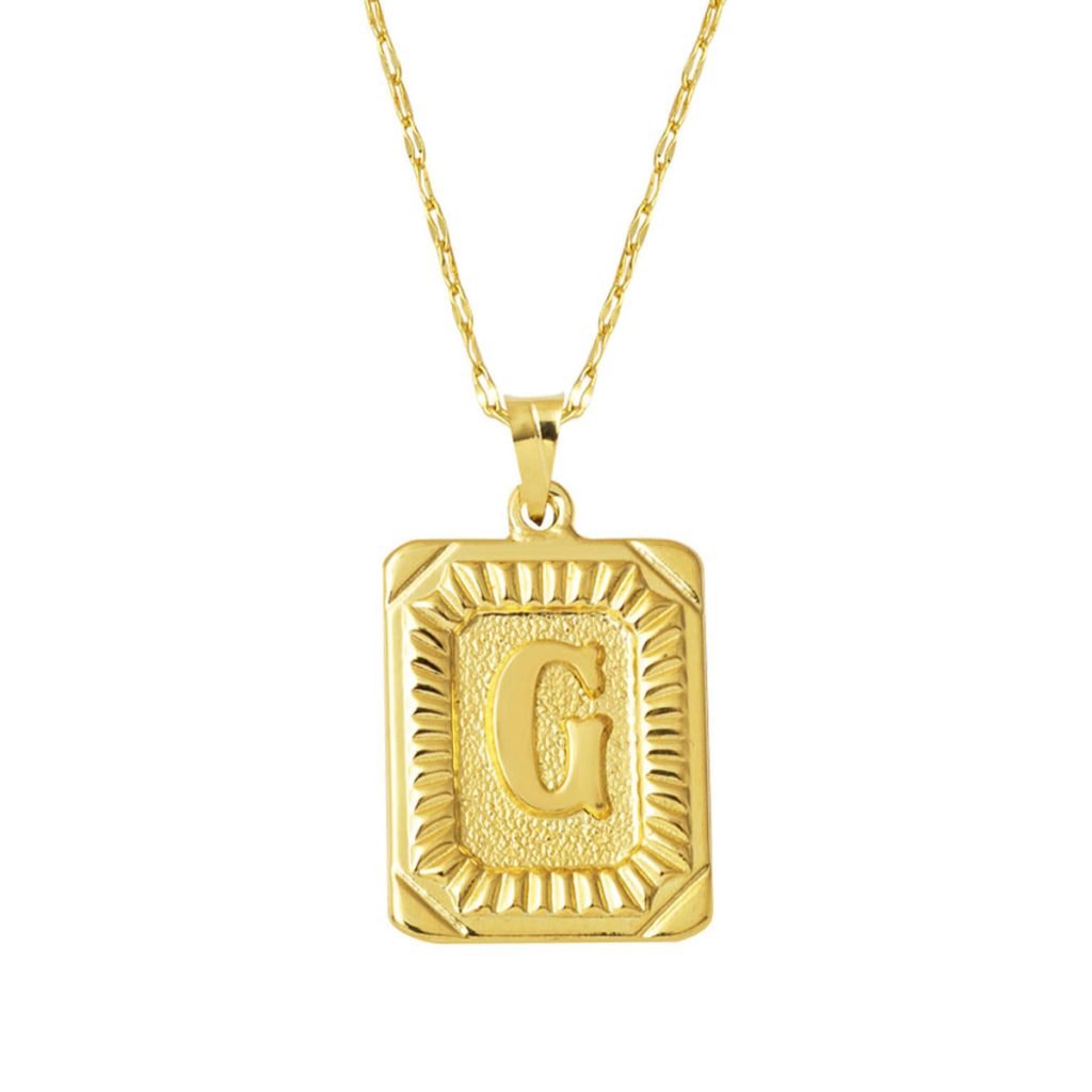Gold Square with Plate G Letter Necklace 14 Karat