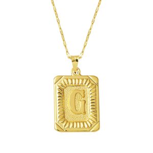 Gold Square with Plate G Letter Necklace 14 Karat