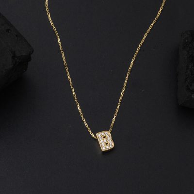 Taşlı B Harfli Minimal Harf Altın Kolye - 14K - 1.4g - EZ Gold