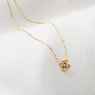 Taşlı S Harfli Minimal Altın Harf Kolye - 14K - 1.52g - EZ Gold