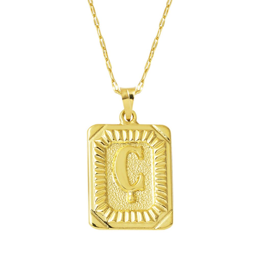 14 Carats Or Ç Lettre Collier Carré à Plaque
