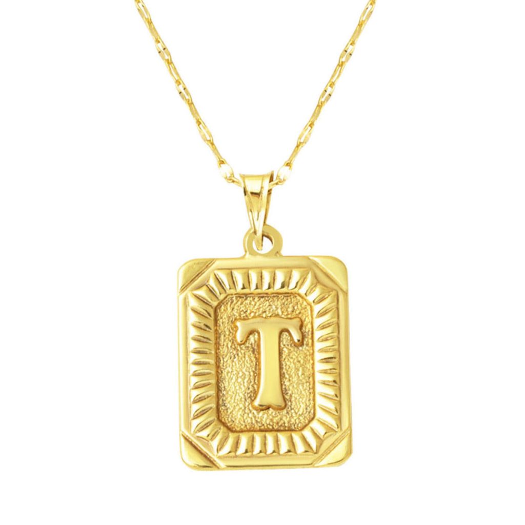 14 Karat Gold T Letter Necklace Square with Plate