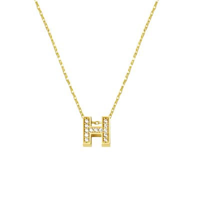 Taşlı H Harfli Minimal Harf Kolye Altın