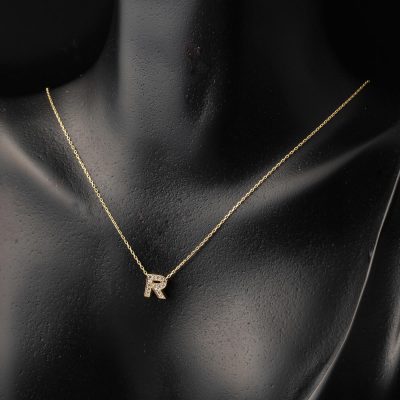 Taşlı R Harfli Minimal Harf Kolye Altın - 14K - 1.45g - EZ Gold